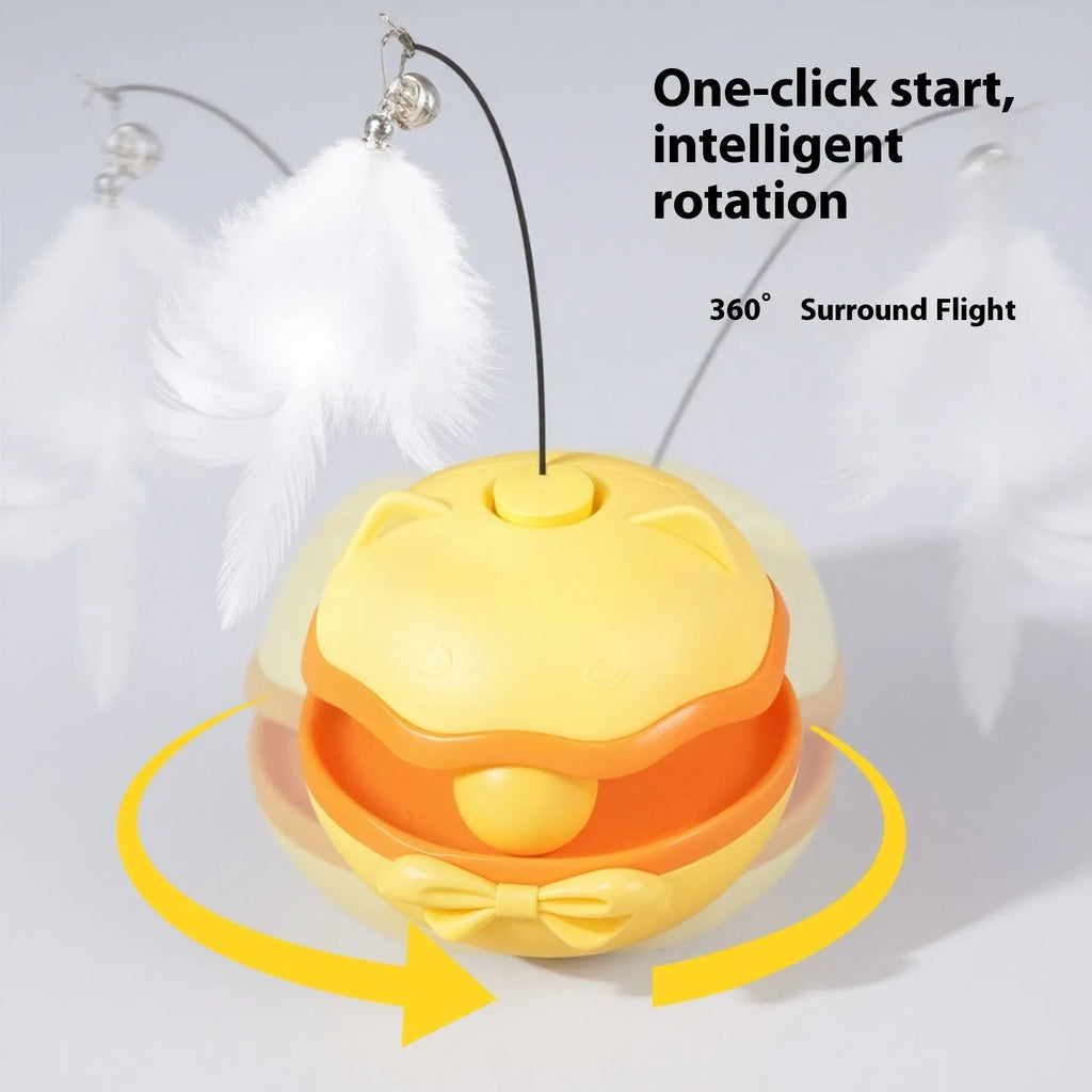 Electric self-righting cat teaser tumbler toy in lemon yellow, sky blue, and soft fog grey on a hardwood floor.