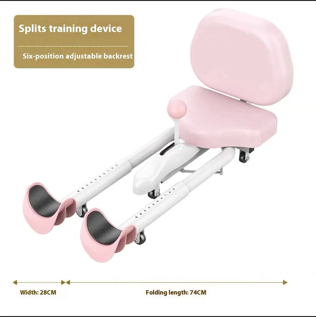 Pink and blue leg stretching equipment with steel frame and foam padding, shown with and without a backrest.