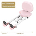 Pink and blue leg stretching equipment with steel frame and foam padding, shown with and without a backrest.