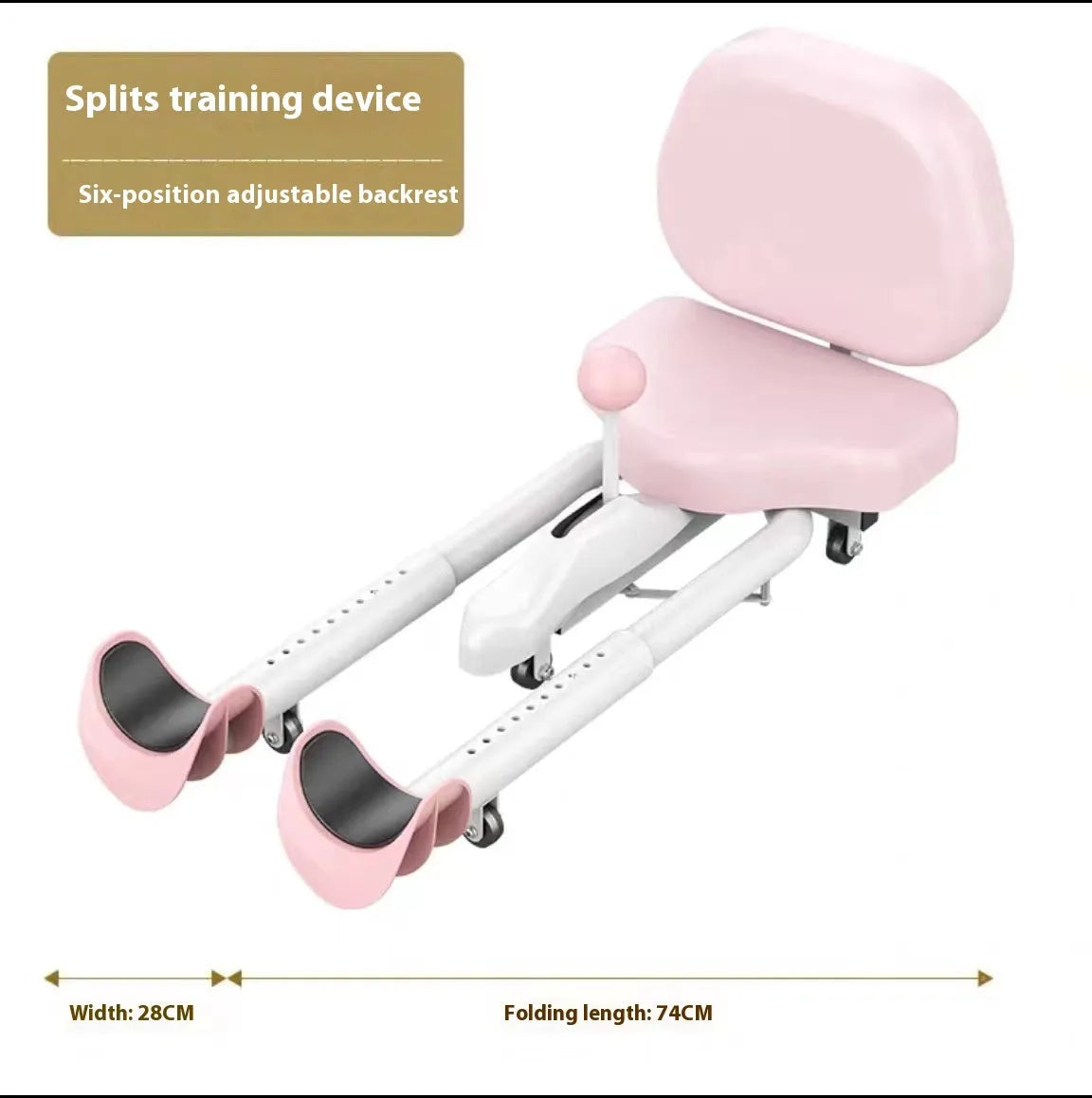 Pink and blue leg stretching equipment with steel frame and foam padding, shown with and without a backrest.