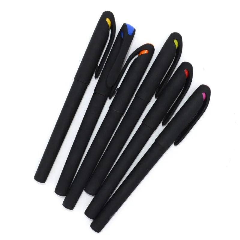 Ten plastic gel pens in various colours showing 14cm length with black ink refills