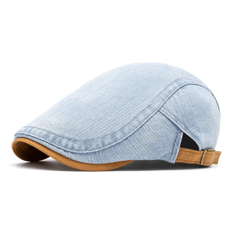 Men's washed-out denim contrast colour beret with flat top crown and adjustable cotton fit