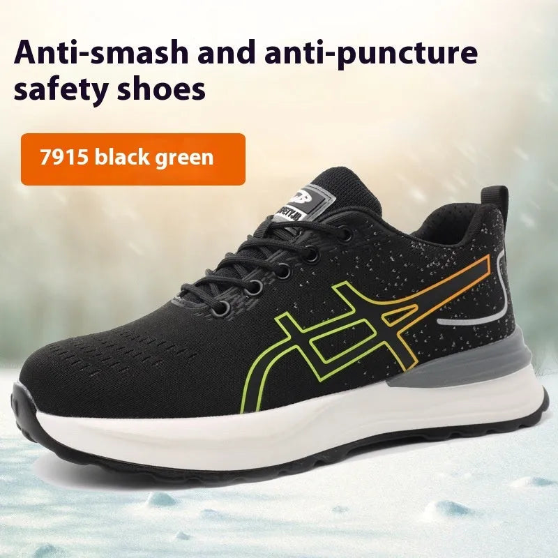 Brown leather labour protection safety shoes with a rubber sole, shown on a work site background.