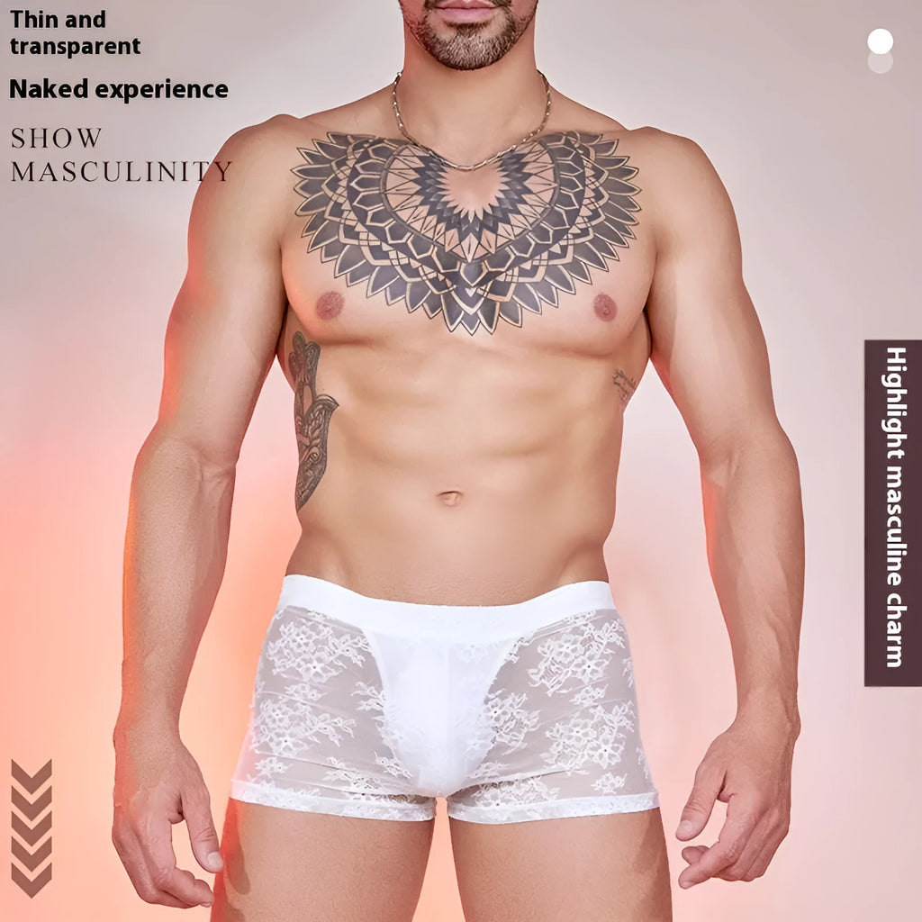 Nylon lace men's boxers in free size, shown in black, red, and white colours.
