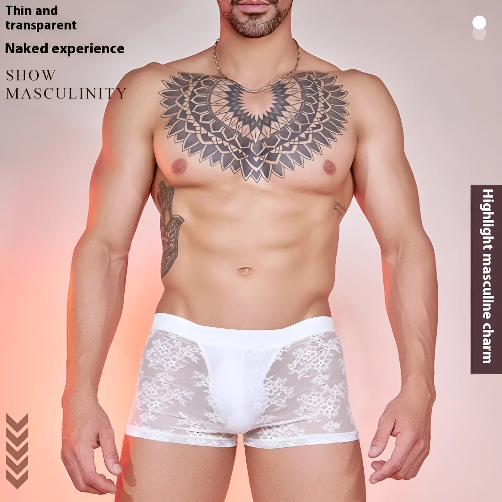 Nylon lace men's boxers in free size, shown in black, red, and white colours.