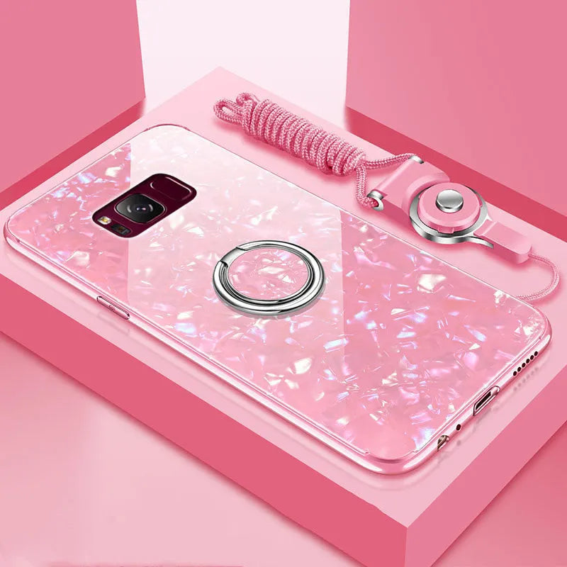 Tempered glass phone case for Samsung S8 and S9 in black, pink, red, and white colours.