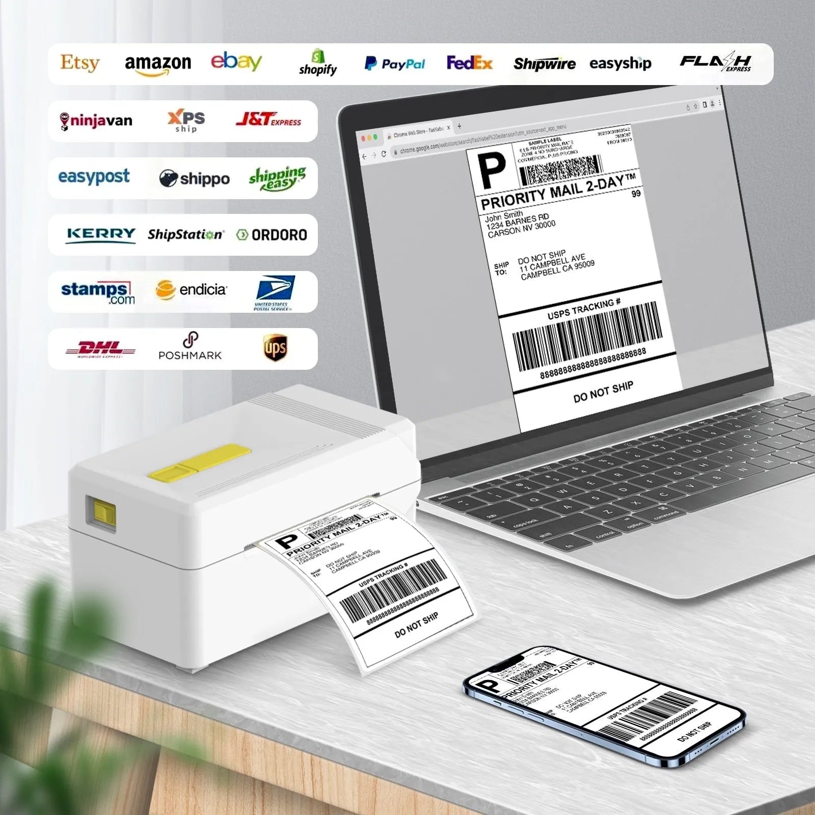 Kupono thermal label printer for express orders with USB connection, shown in black and white models.