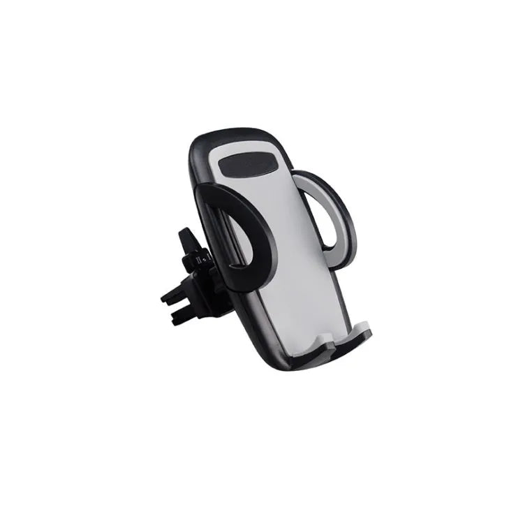 Black plastic car air vent phone holder attached to vehicle air conditioning outlet with mobile phone secured