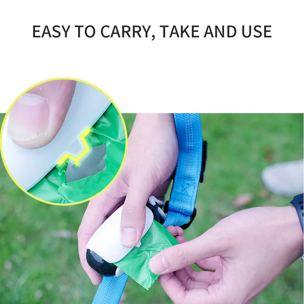 White and translucent grey space capsule dog poop bag dispenser with leash clip and top hook