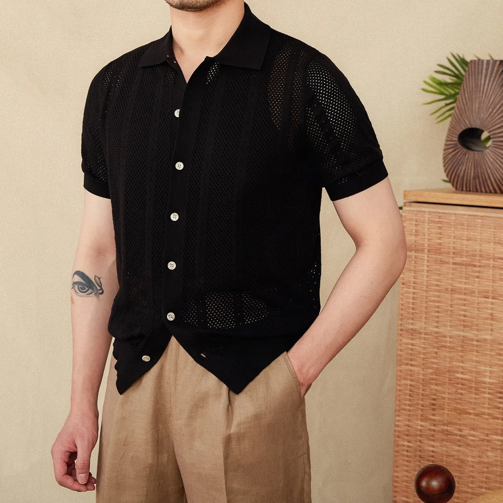 Men's short sleeve lapel cardigan in striped pattern with 100% cotton construction