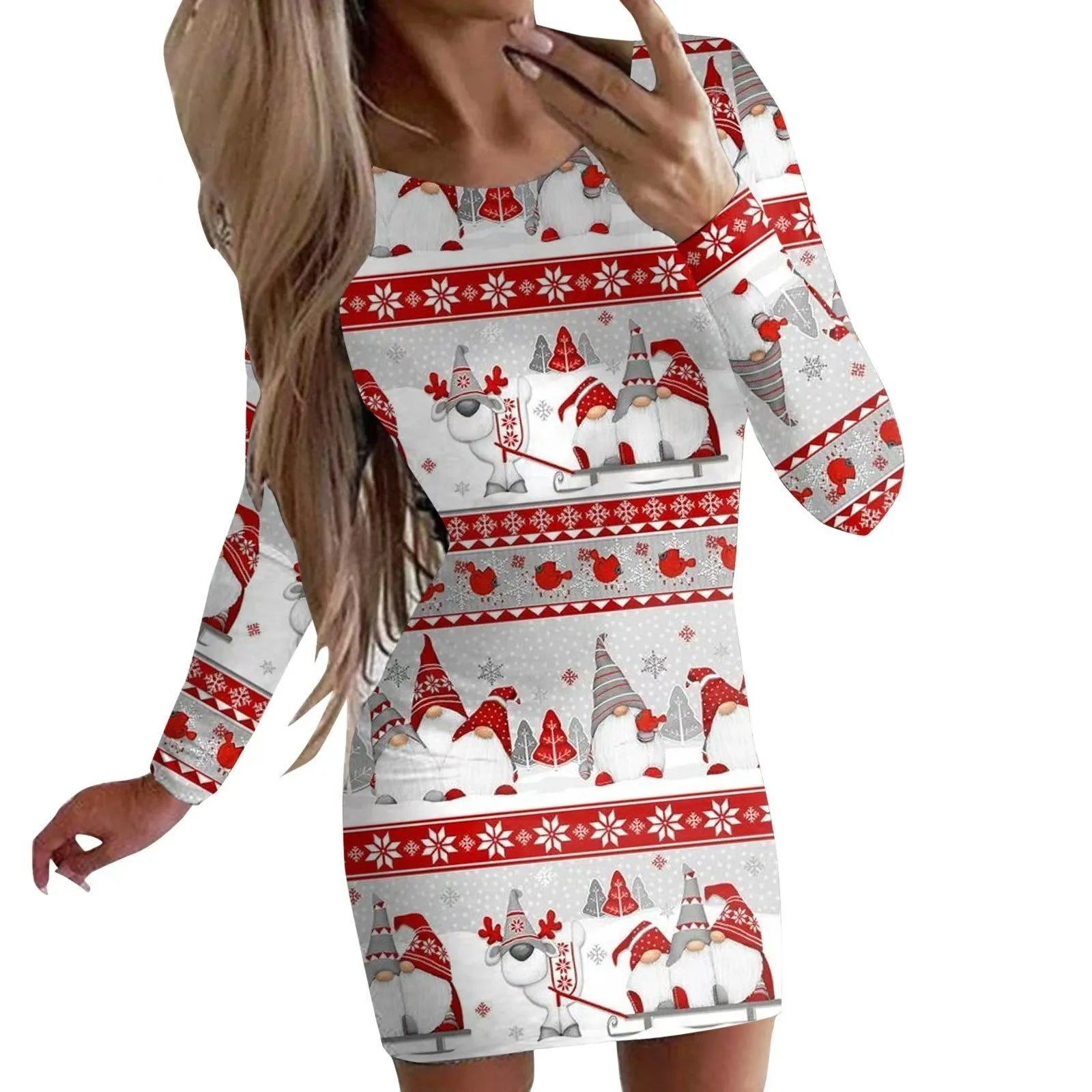 Christmas printed narrow dress with animal pattern design and round neckline