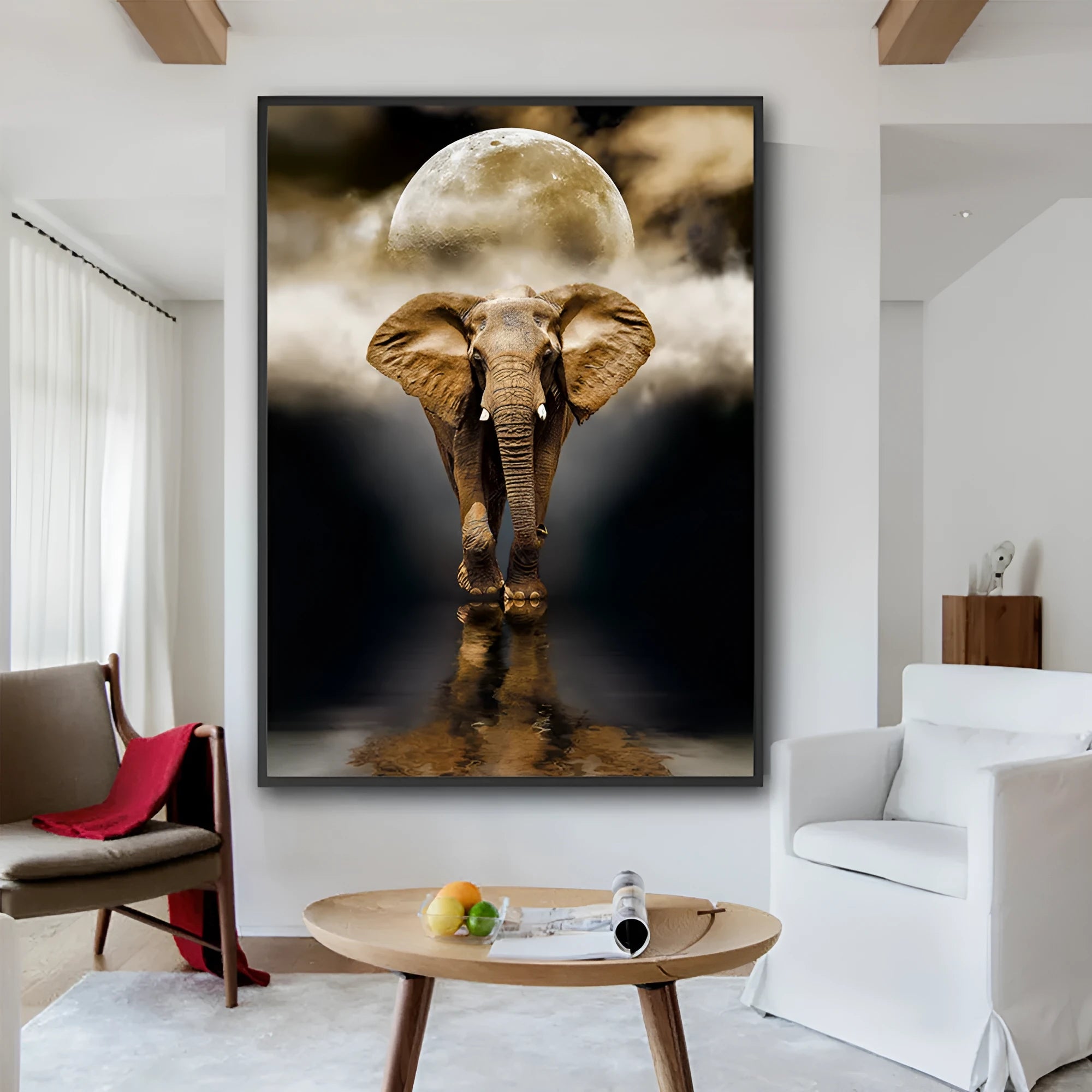 Frameless oil-on-canvas elephant painting in black, rectangle shape, multiple sizes for living room wall decor