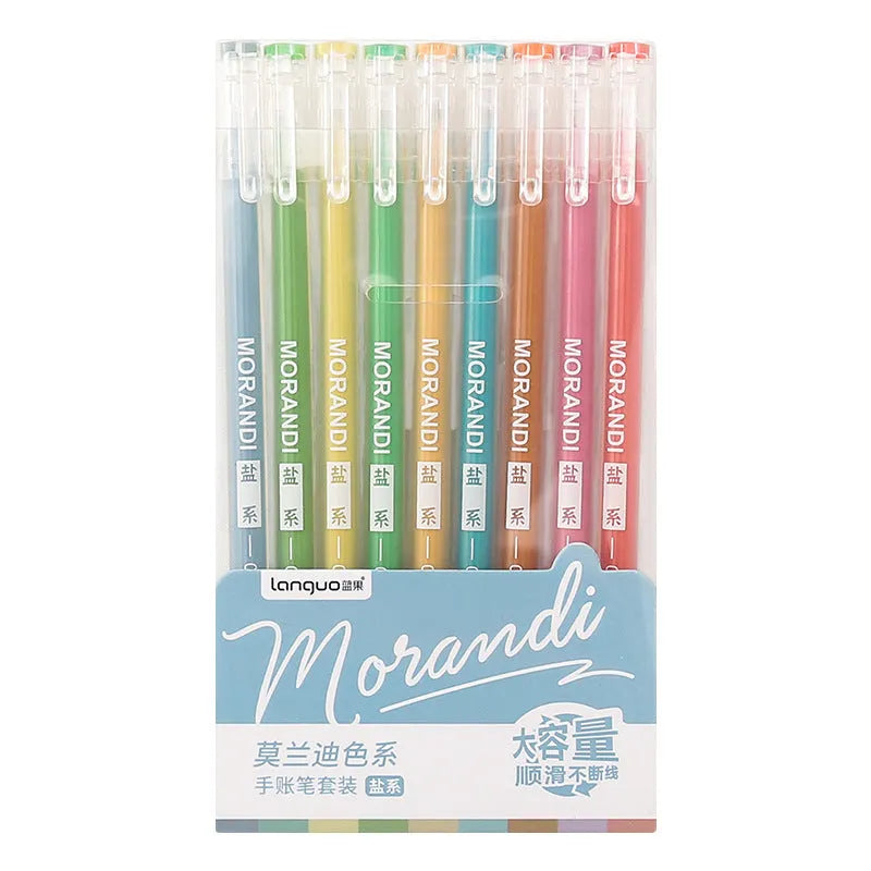 Set of nine retro colour gel pens with 0.5mm needle tips arranged in a pack.