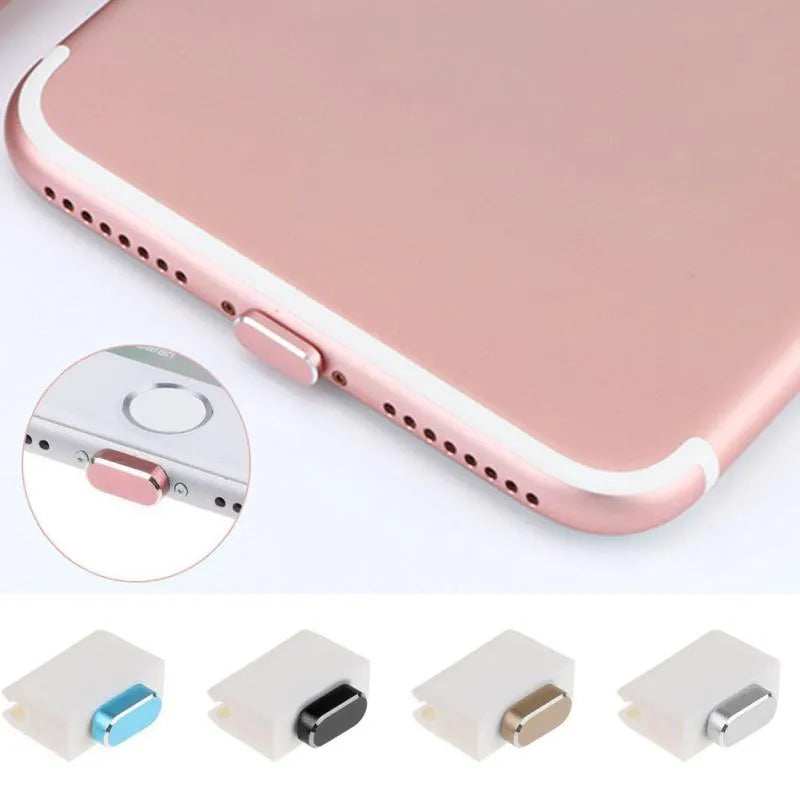 Aluminium alloy charging port dust plug for iPhone in various colours including gold, silver, blue, and black.