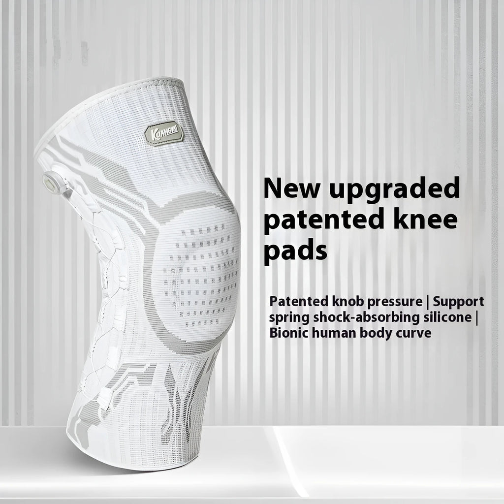 Grey-white sports knee pad shown for left or right foot in M, L, XL sizes for basketball running football