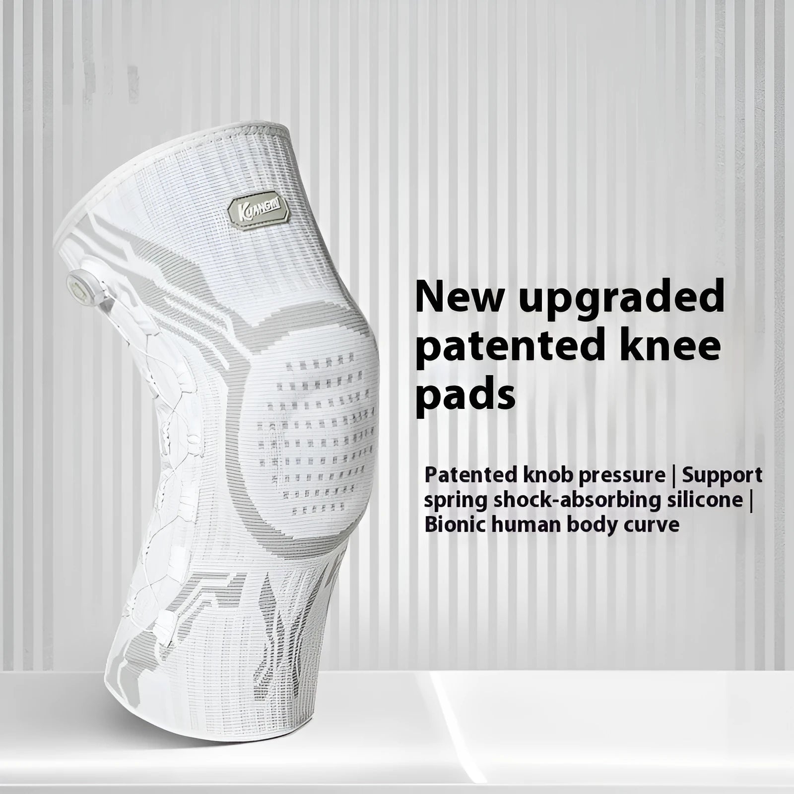 Grey-white sports knee pad shown for left or right foot in M, L, XL sizes for basketball running football