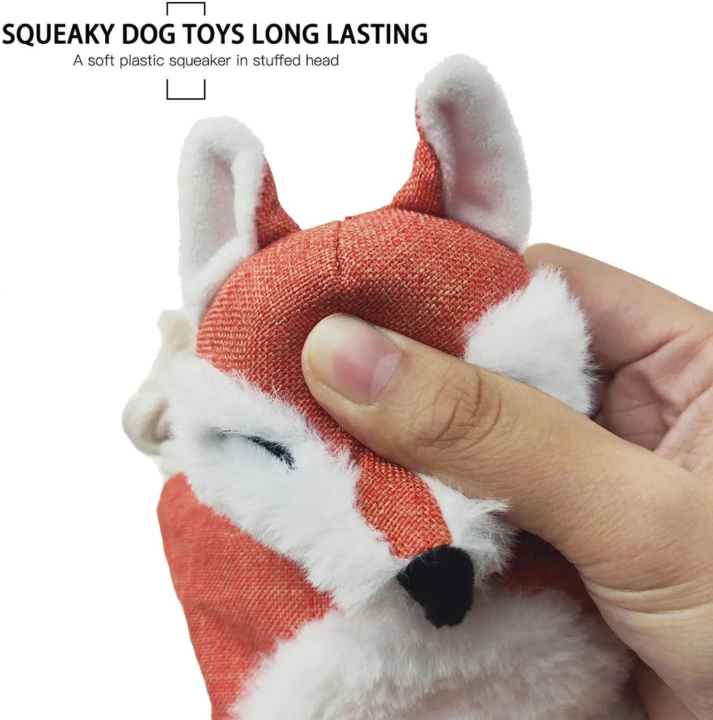 Brown fox-shaped dog toy with squeaker in head, crinkle paper body, and rope arms for chewing