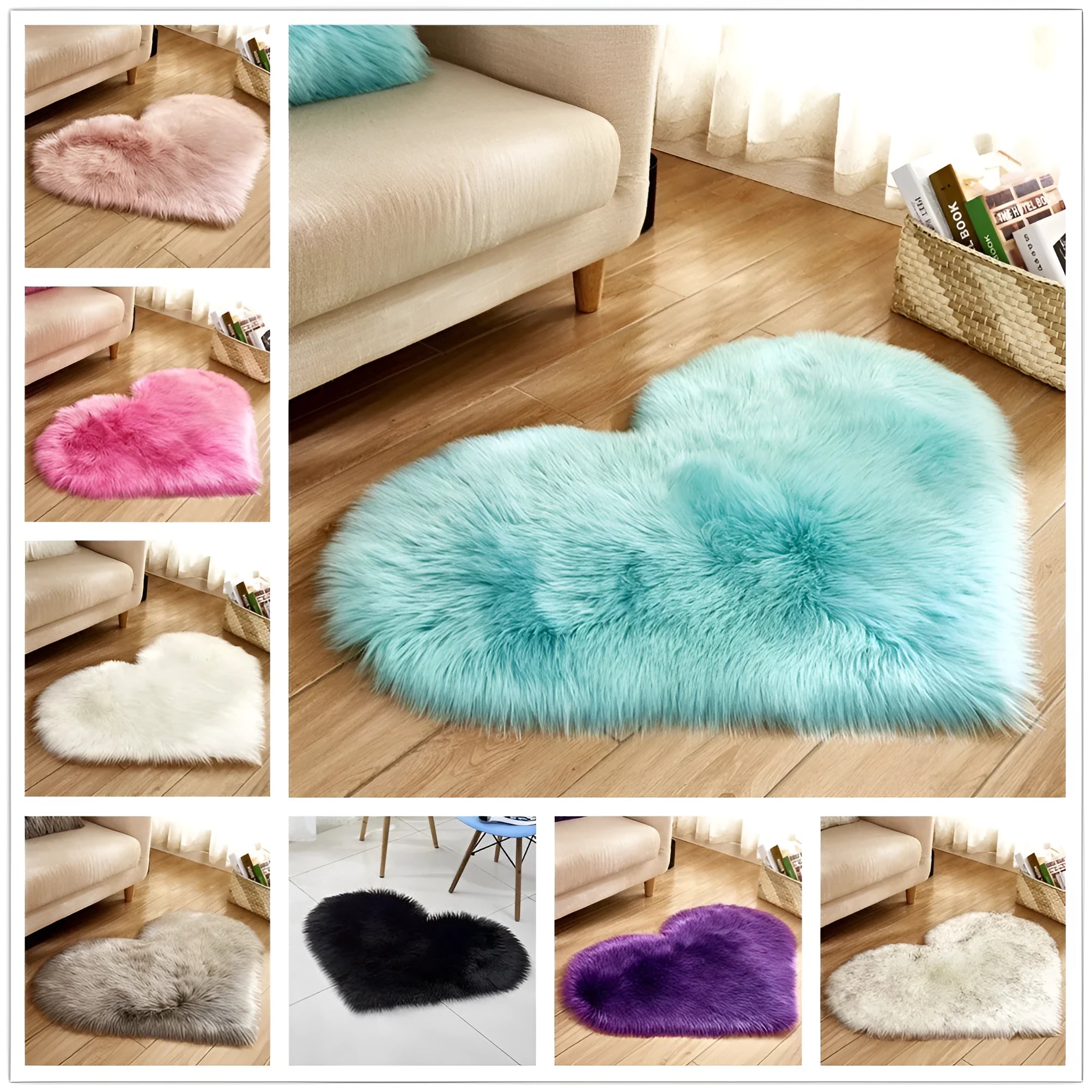 Heart-shaped plush carpet in multiple colours showing wool-like texture with 5-6 cm pile length