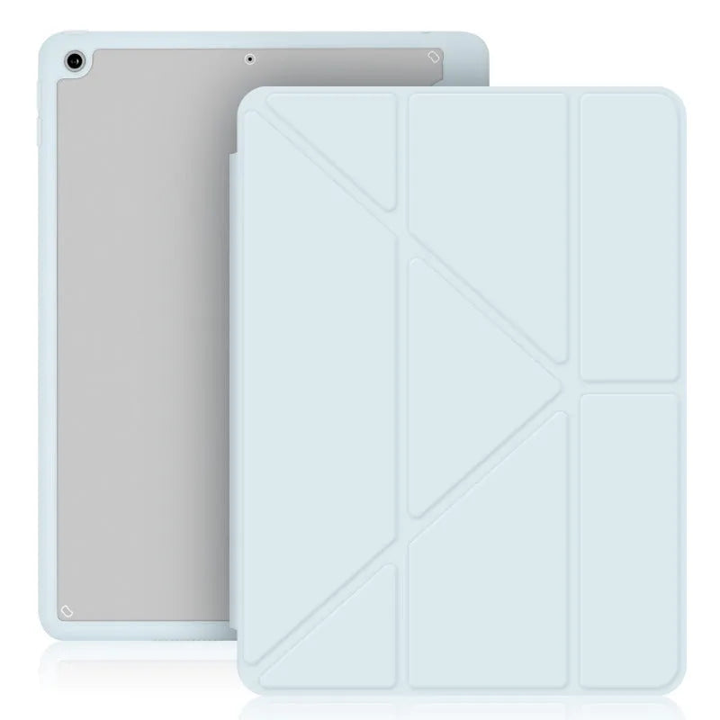 Imitation leather iPad case in dark grey showing folded bracket stand and open pen slot for Apple Pencil.
