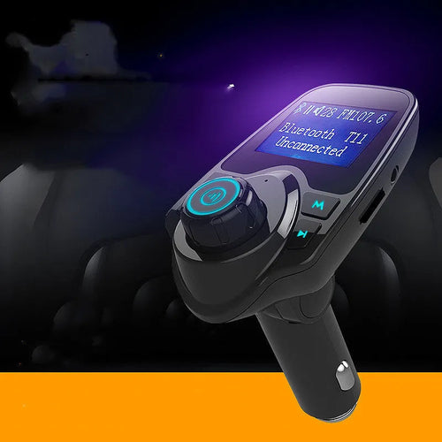 Black car Bluetooth hands-free FM transmitter kit with USB and memory card ports.