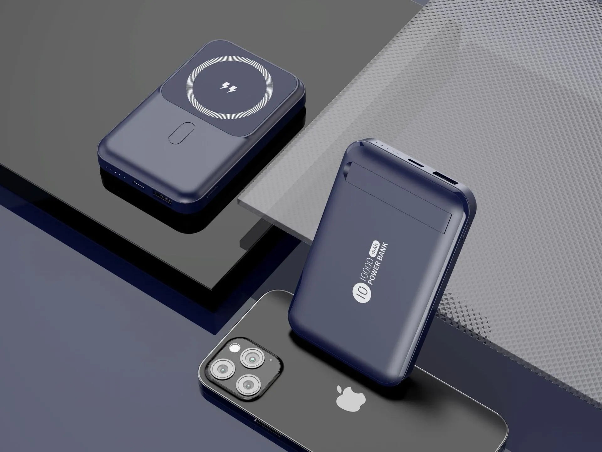 Magnetic wireless charging power bank with folding bracket showing capacity options and colour variations
