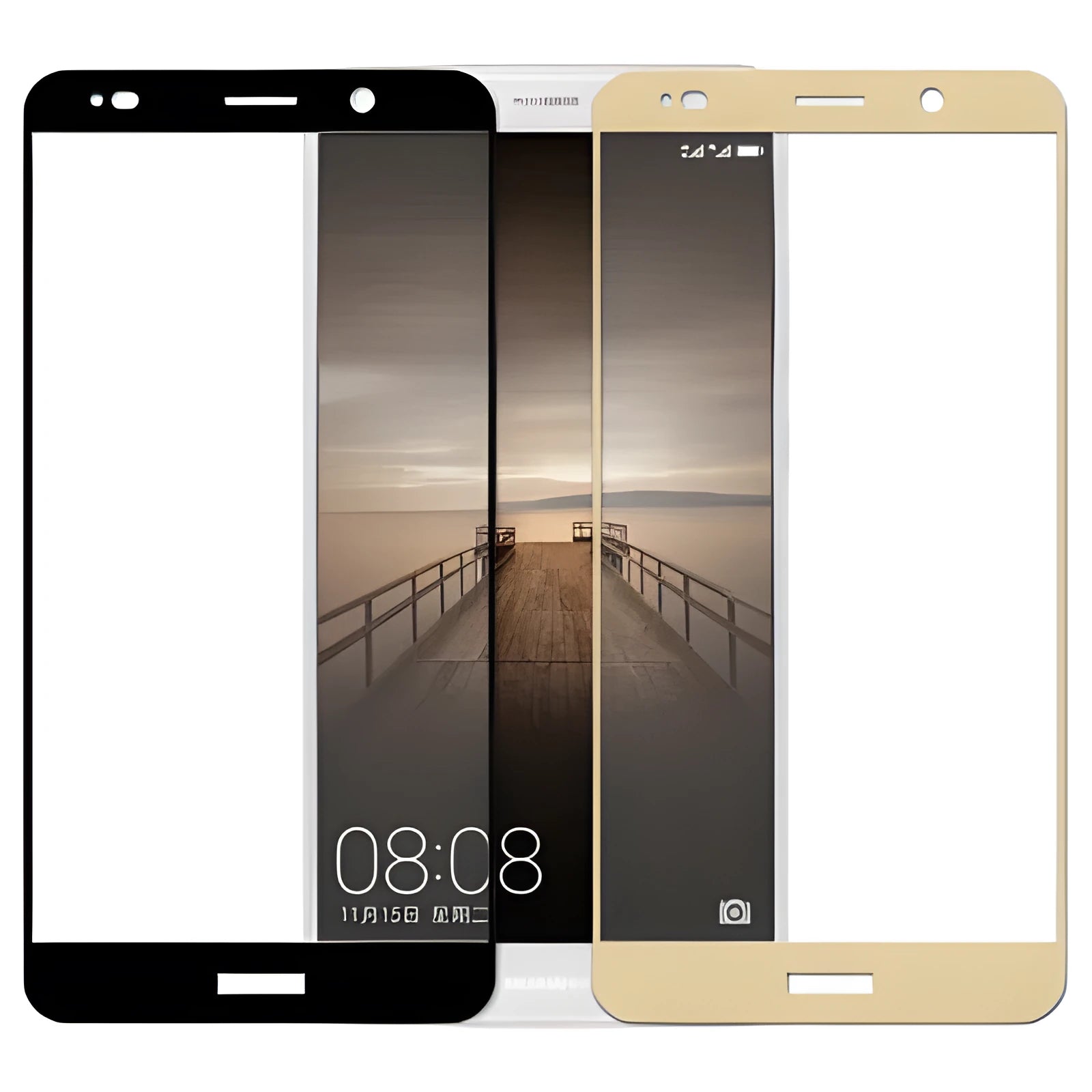 HUAWEI Mate10 full screen toughened glass screen protector in black, gold, and white colours.