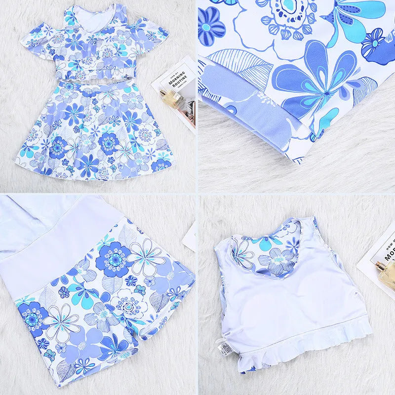 Fresh blue floral women's one-piece swimdress in polyester fabric