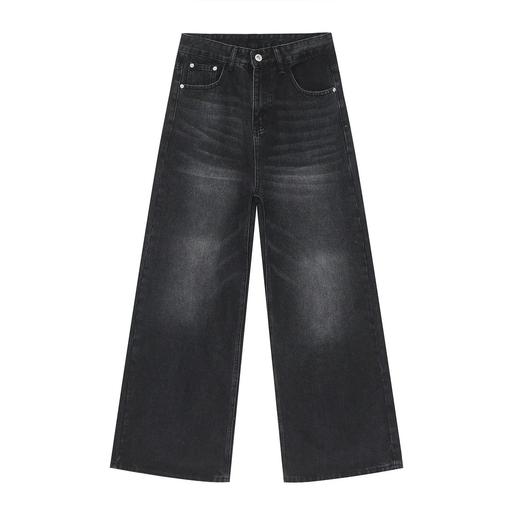 Men's retro washed straight leg jeans in dark blue, loose fit, mid waist, cotton blend denim