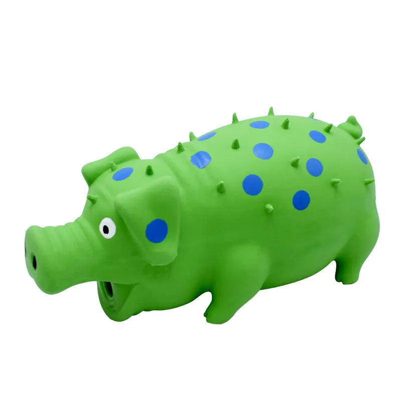 Blue latex squeaky pig-shaped dog chew toy with textured surface for teeth cleaning.