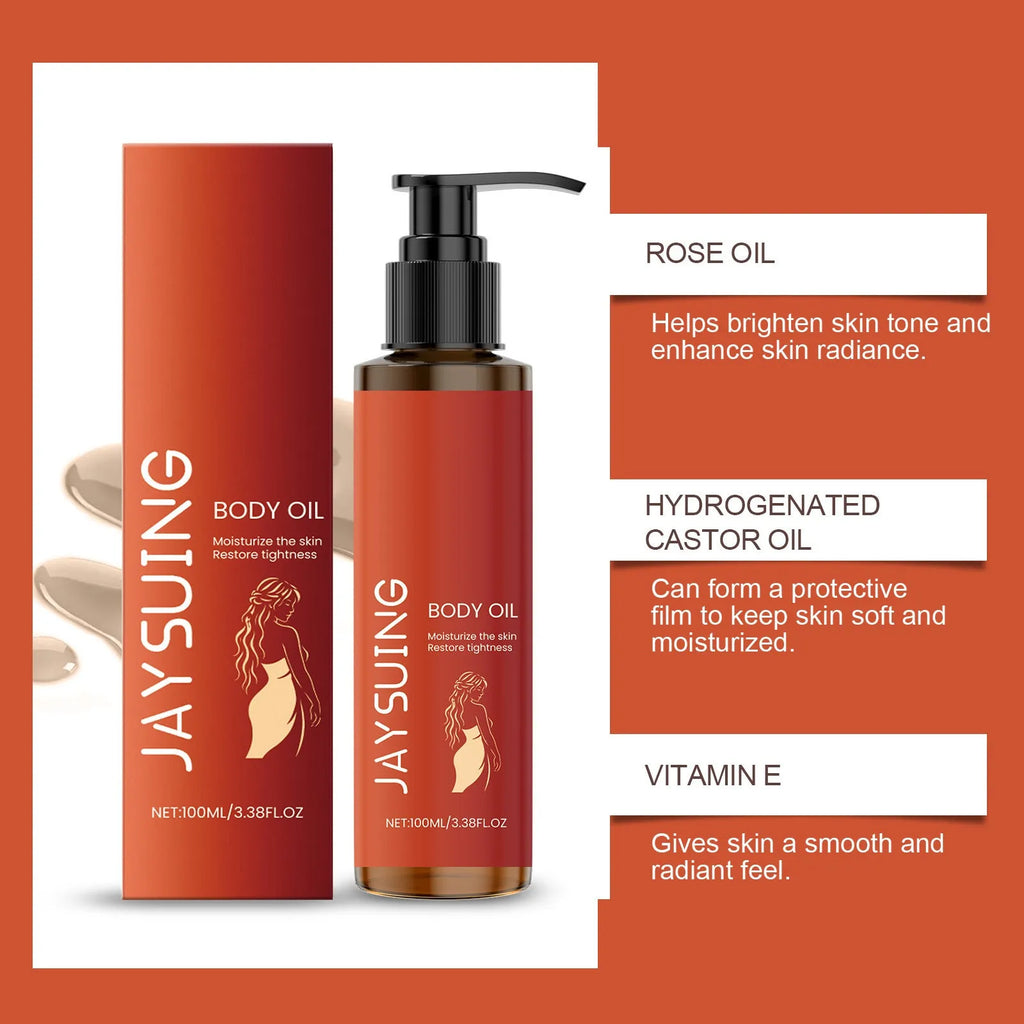 100ml bottle of body tightening massage oil with vitamin E and rose oil