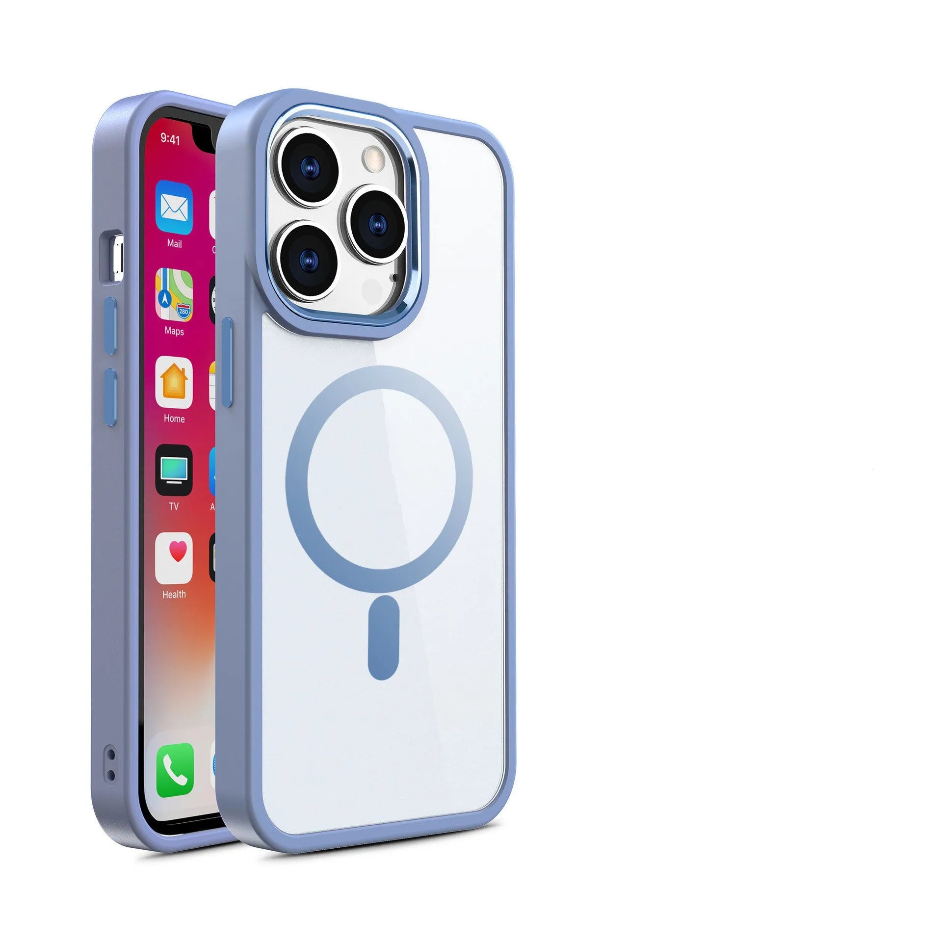 Slim magnetic transparent silicone phone case for iPhone on a MagSafe charger, showing raised edge protection.