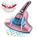 Pink handheld vacuum cleaner with UV light for mite control on a mattress.
