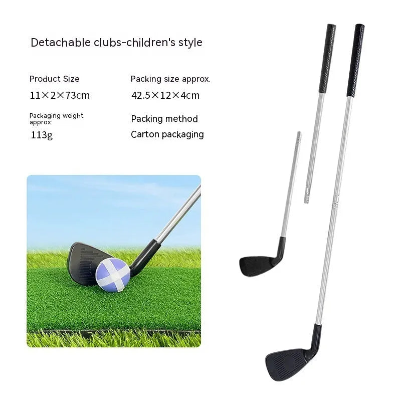 Metal golf club set showing adult and children's size options for outdoor sports practice