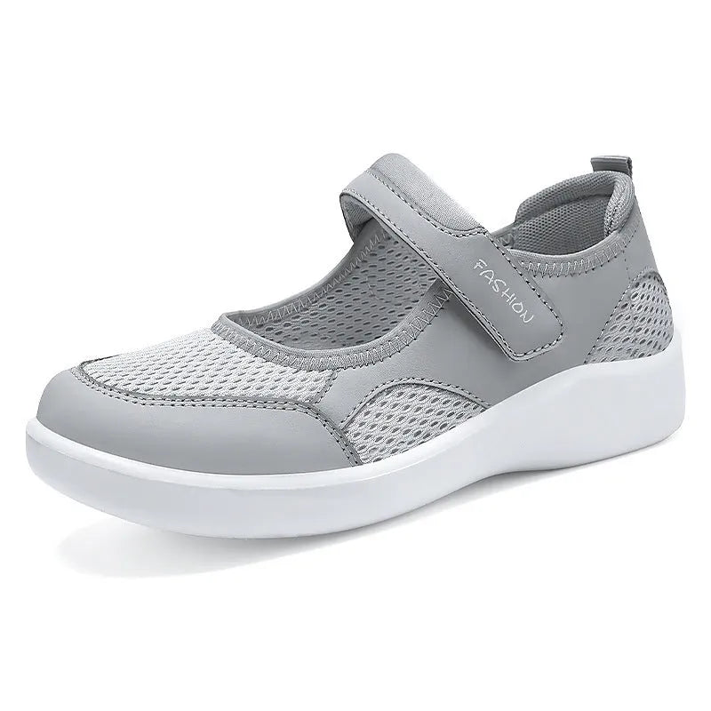 Women's grey mesh casual shoes with velcro fastening and round toe