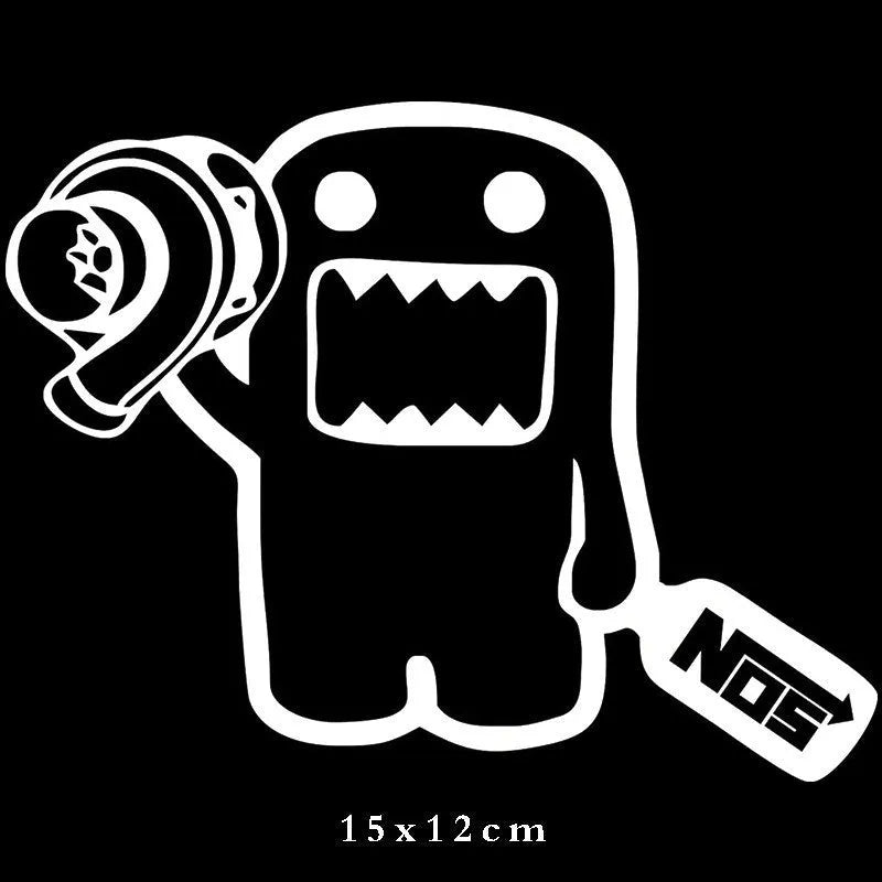 Black and white cartoon design PVC car sticker measuring 15 by 12 centimetres