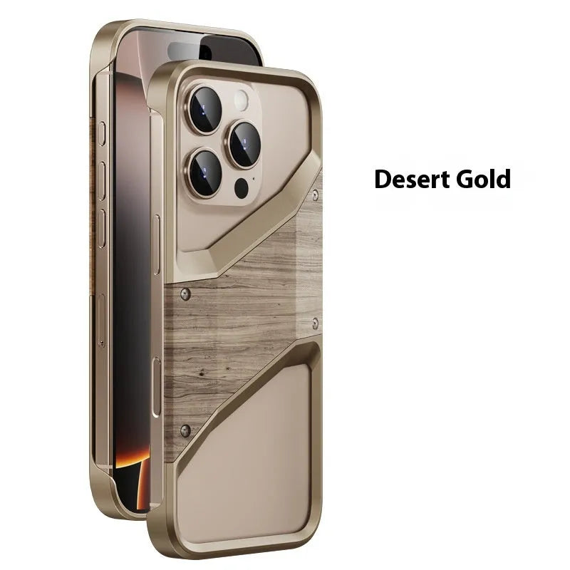 Hollow solid wood phone case with aluminium alloy frame in desert gold colour for iPhone