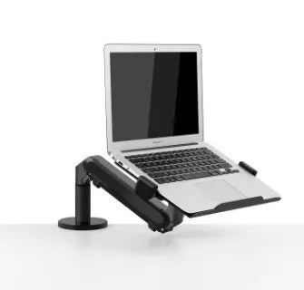 Silver aluminium laptop stand with an adjustable air-pressure arm holding a notebook