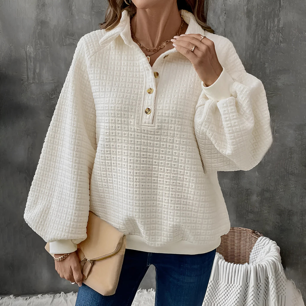 Women's milky white polo collar sweater with long sleeves and solid colour design