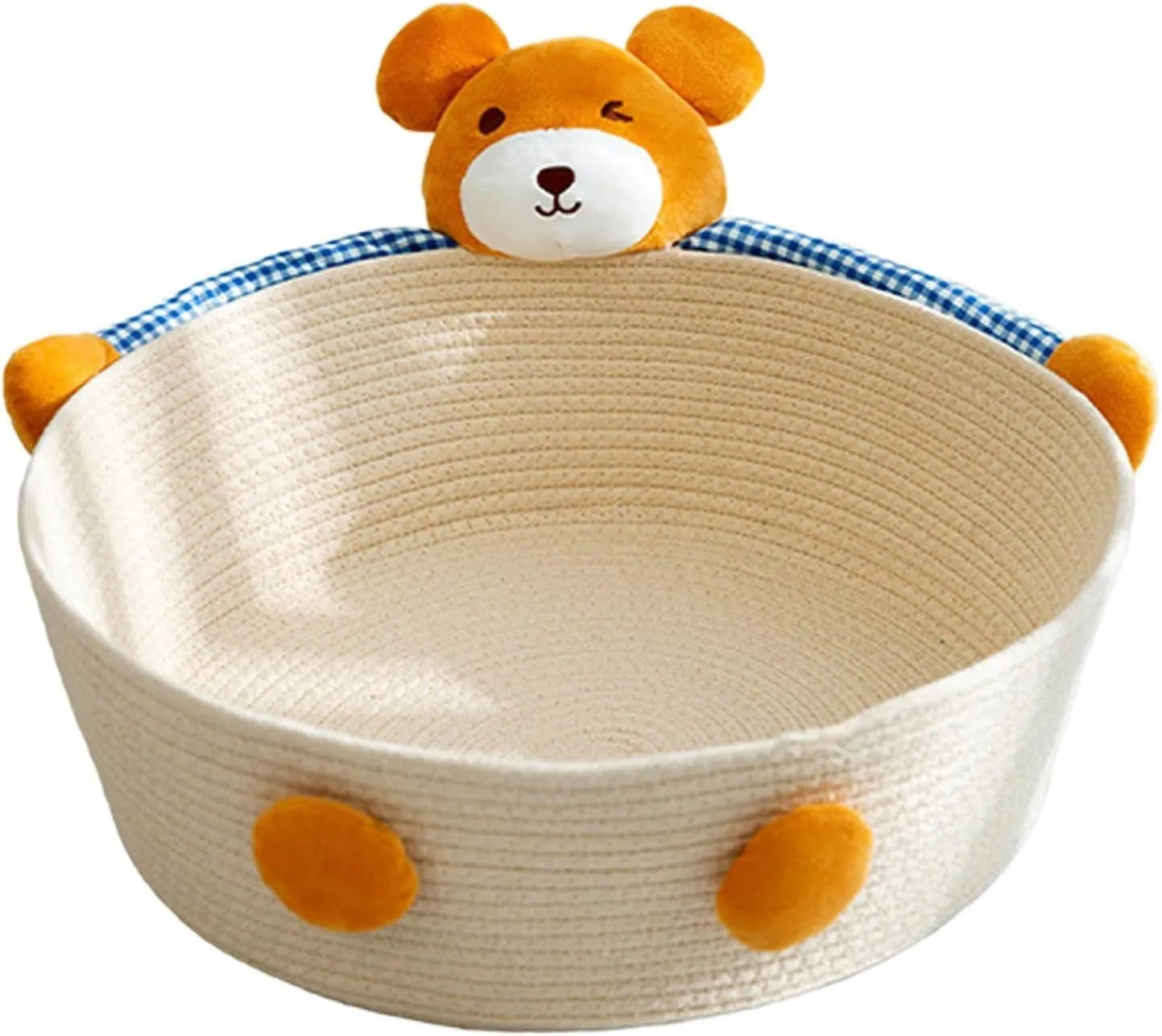 Woven cotton rope cat bed with scratching board in bear design, showing basket shape with textured surface