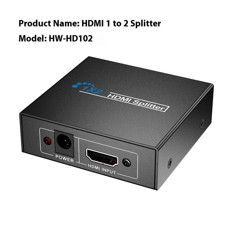 HDMI splitter device with one input and two output ports for 4K signal distribution