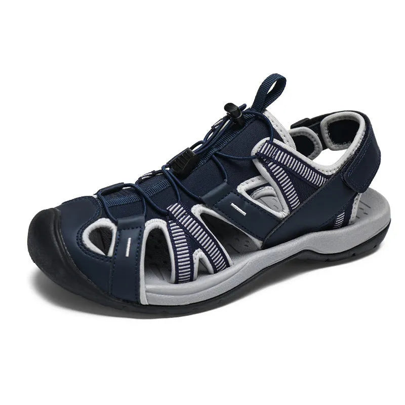 Men's blue casual sports shoes with mesh upper, Velcro straps, and rubber sole.