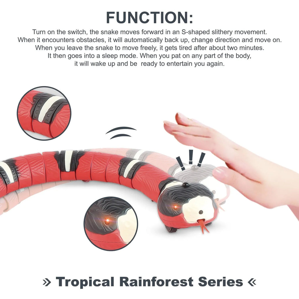 USB rechargeable automatic snake cat toy with segmented plastic body and smart sensing technology