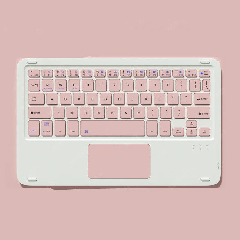 Pink Bluetooth touch keyboard and mute wireless mouse combo with USB charging cable on white background