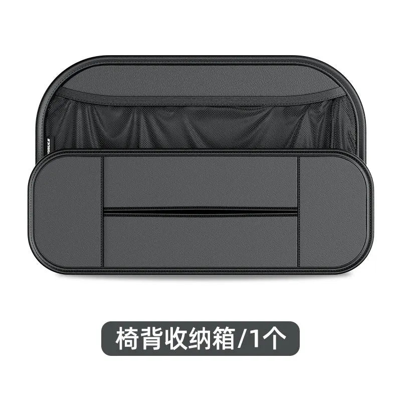 Black leather car seat back storage organiser bag with customisable pockets