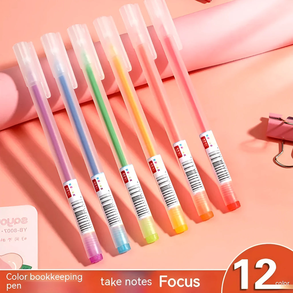 Boxed set of twelve assorted colour gel pens with 0.5 mm tips and bagged refills.