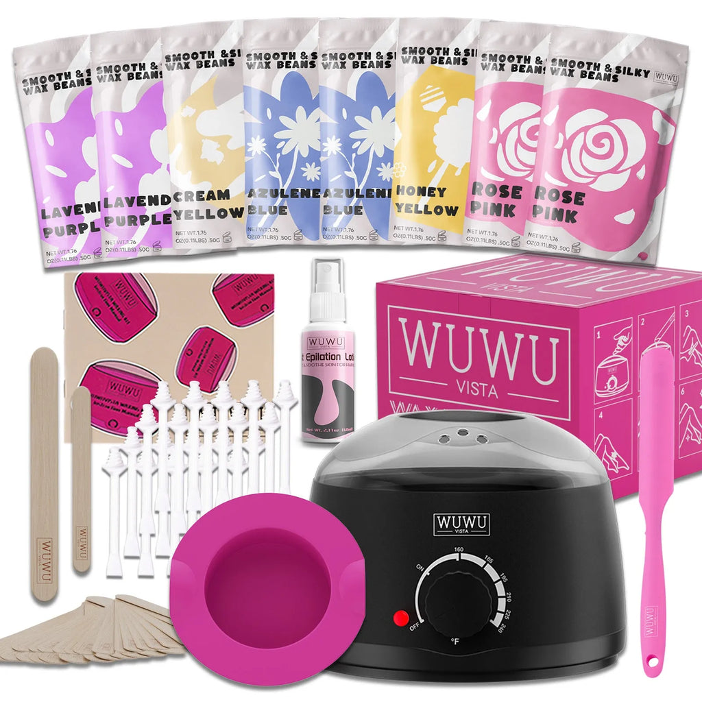 WUWUVISTA 63-piece waxing kit with black wax warmer, wax beads, lotion, and applicator sticks