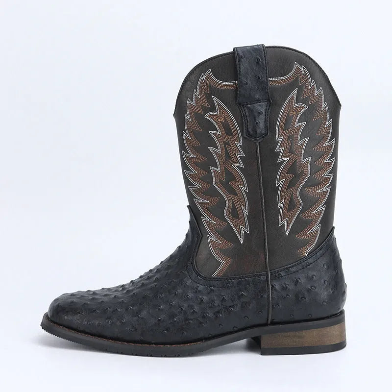 Men's black square toe western-style motorcycle boots with embroidery detail on artificial leather upper.