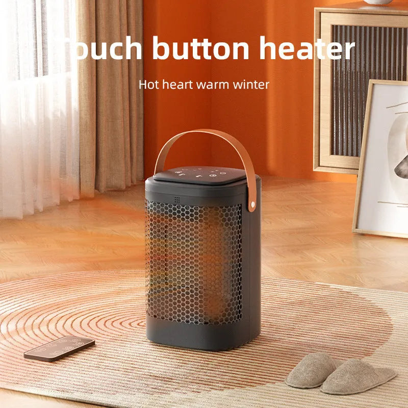 Silver 618 electronic model radiator fan heater with remote control on a wooden floor.
