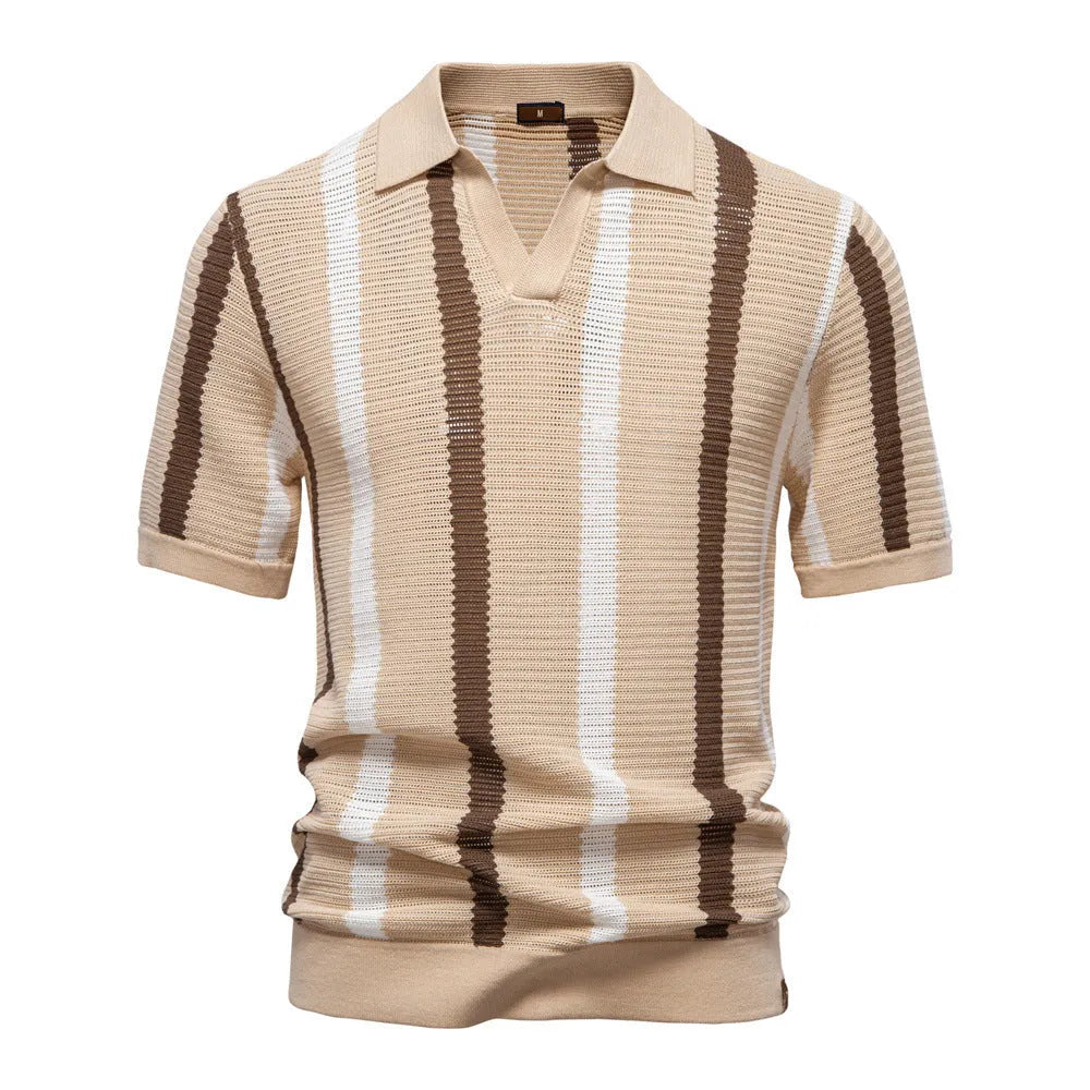 Men's short-sleeved polo shirt sweater with stripe pattern mosaic design in breathable hollow fabric