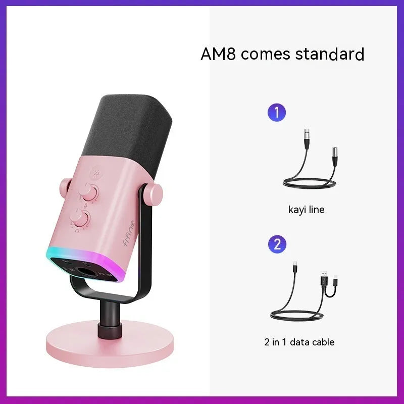 Black, pink, or white dynamic noise reduction microphone with XLR cable and base on a desk.
